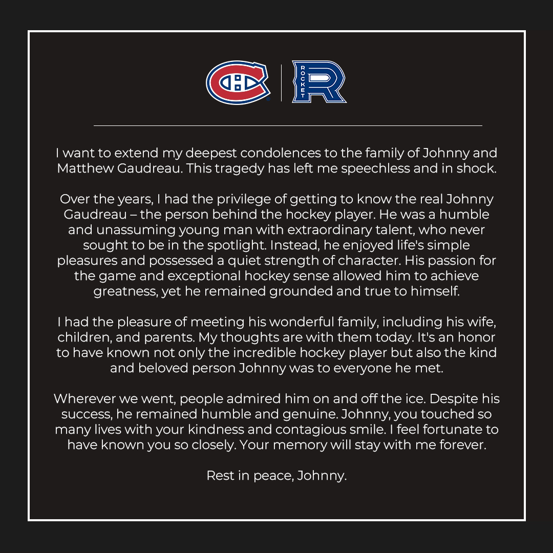 CanadiensMTL's tweet photo. Statement from Pascal Vincent on the passing of Johnny and Matthew Gaudreau https://t.co/kXoMUCYdPv