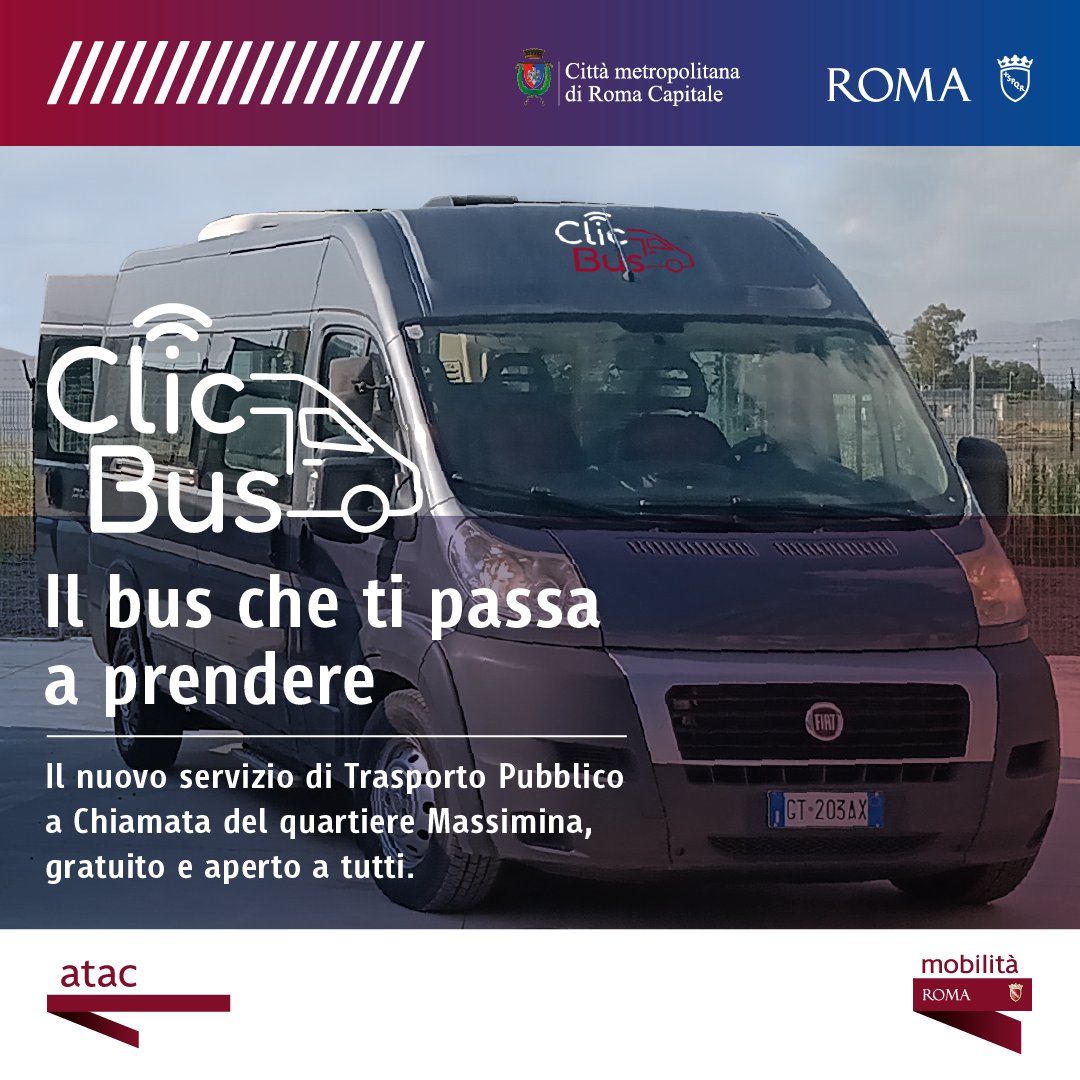 romamobilita's tweet photo. Dal 4/09 arriva a Massimina #ClicBus il servizio di #trasportopubblico a chiamata gratuito e accessibile a tutti! 🚌
Niente percorsi fissi: il #bus si adatta alle tue esigenze per viaggi più comodi nel quartiere e verso la Stazione Aurelia
🔗https://t.co/TNiPz9dN7w https://t.co/uoaSxICdNw