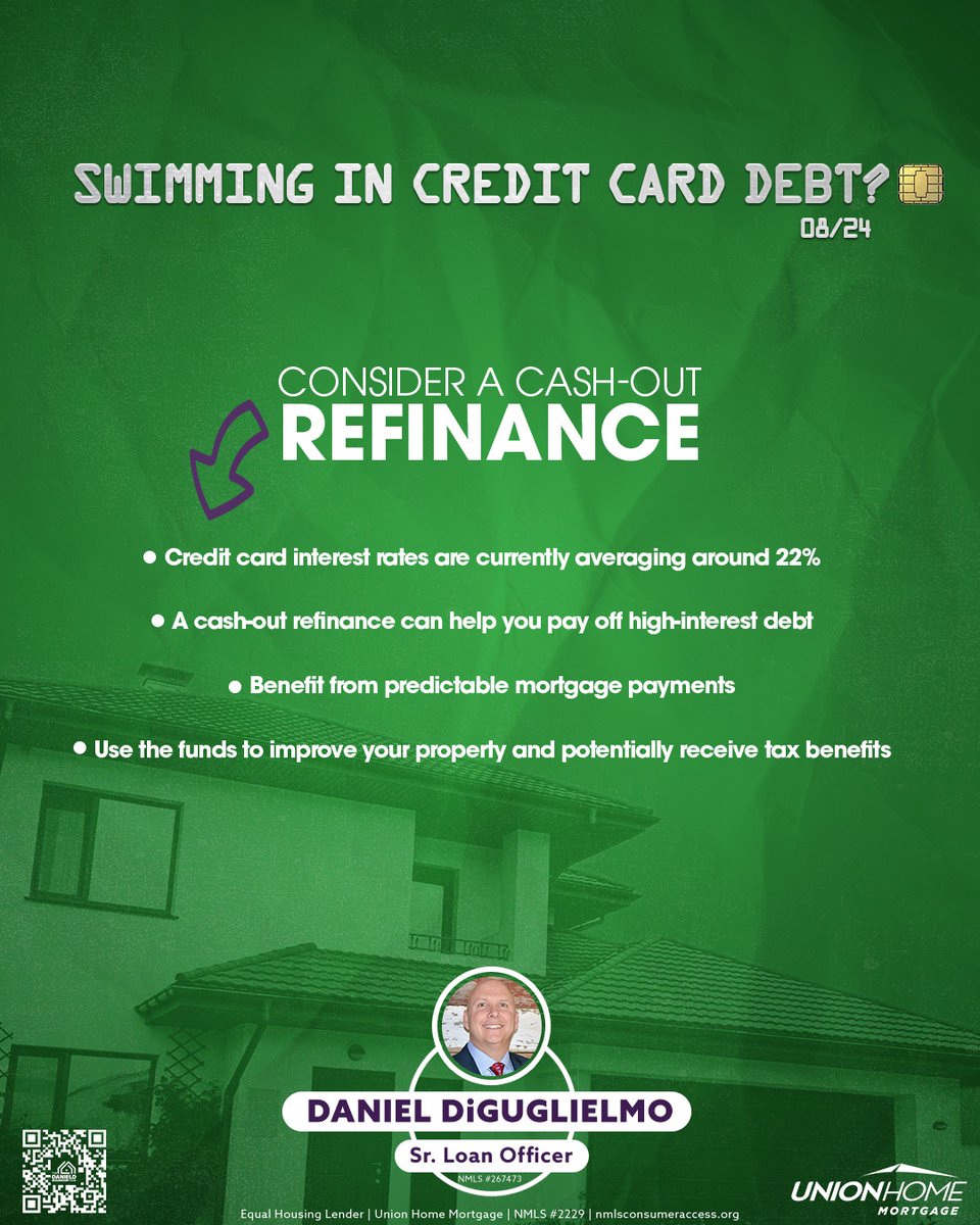 DanielDLoans's tweet image. Credit card debt in the U.S. has skyrocketed over the last few years, and a Cash-Out Refinance might be a smart move to get things under control. 
Feeling overwhelmed by credit card bills? A cash-out refinance could help lighten the load.

#RefinanceTips #FinancialHealth #Home...