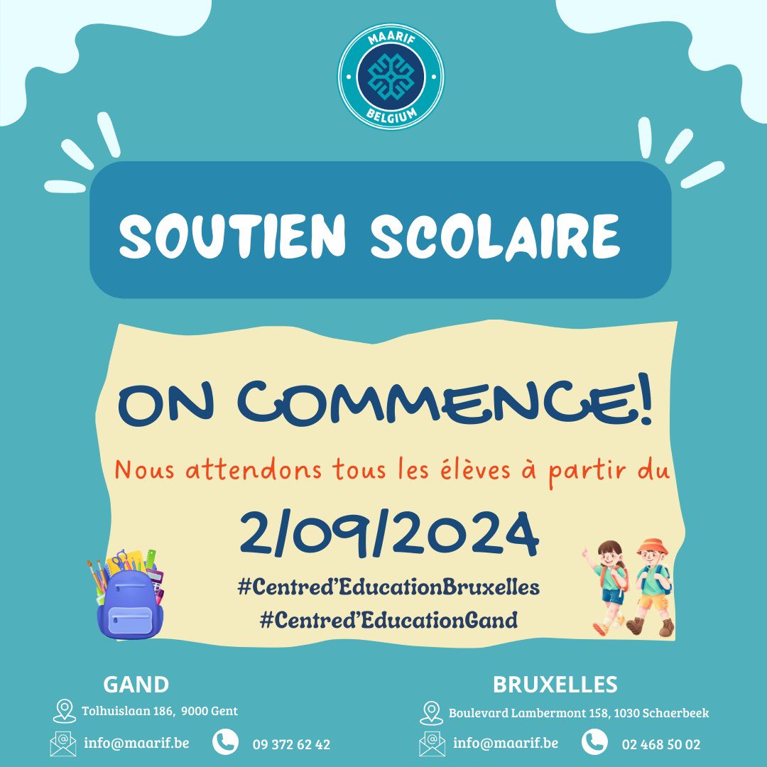 Maarif Belgium (@maarifbe) on Twitter photo La semaine prochaine, nous ouvrirons nos portes pour une nouvelle année scolaire pleine d'apprentissage, de croissance et d'inspiration. Noua avons hâte d'accueillir tous nos élèves ! 🎉📚✨
#maarifbelgium #maarif #Gent #Brüksel #eğitimedeğer <a href="/maarifschools/">Maarif Schools</a> La semaine prochaine, nous ouvrirons nos portes pour une nouvelle année scolaire pleine d'apprentissage, de croissance et d'inspiration. Noua avons hâte d'accueillir tous nos élèves ! 🎉📚✨
#maarifbelgium #maarif #Gent #Brüksel #eğitimedeğer <a href="/maarifschools/">Maarif Schools</a>