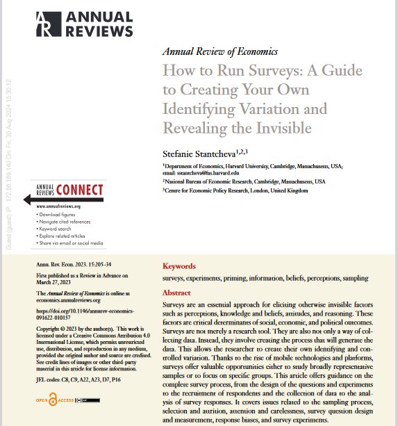 Amber Peterman (@a_peterman) on Twitter photo I've run ~30+ large-scale surveys over the last decade, but still finding <a href="/S_Stantcheva/">Stefanie Stantcheva</a>'s <a href="/AnnualReviews/">Annual Reviews</a> "How to Run Surveys" super helpful!
80+ pgs of Appendix examples are 🙌🏾~ social desirability, vignettes, info treatments? She's got you covered!
annualreviews.org/content/journa… I've run ~30+ large-scale surveys over the last decade, but still finding <a href="/S_Stantcheva/">Stefanie Stantcheva</a>'s <a href="/AnnualReviews/">Annual Reviews</a> "How to Run Surveys" super helpful!
80+ pgs of Appendix examples are 🙌🏾~ social desirability, vignettes, info treatments? She's got you covered!
annualreviews.org/content/journa…