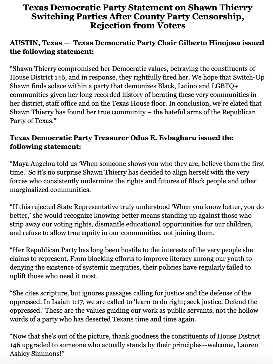 texasdemocrats's tweet photo. Texas Democratic Party Statement on Shawn Thierry Switching Parties After County Party Censorship, Rejection from Voters #txlege

Read more: https://t.co/XIdri8e8IK https://t.co/ivFJRGqMMA