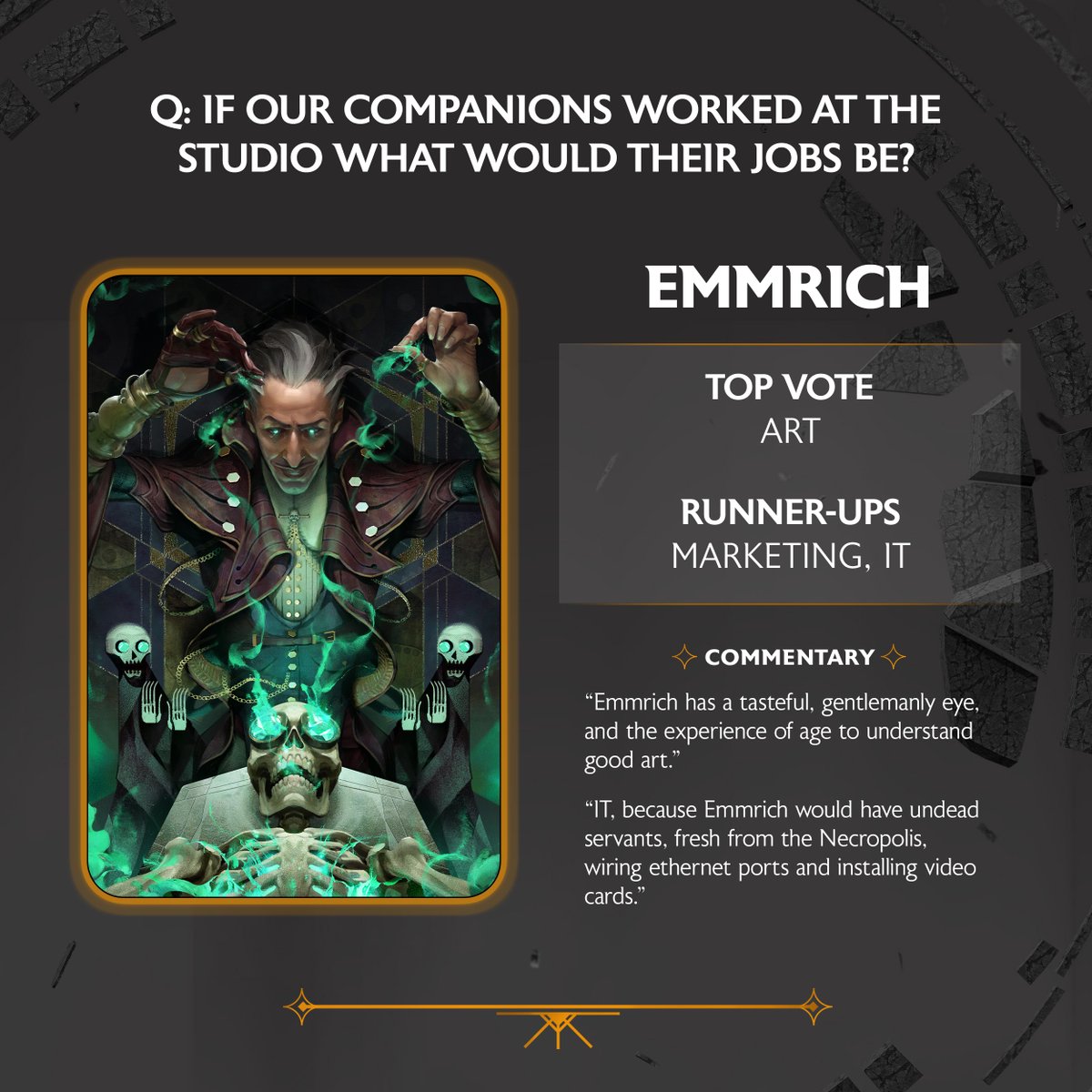 We asked the game team what jobs our #DragonAge companions would have if they worked at the studio. Check out where our devs thinks their favorite heroes would fit into the BioWare family! 🧵