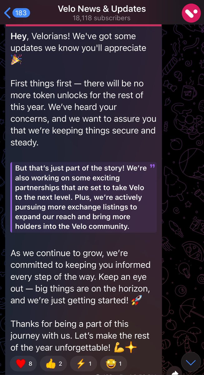 It's official.

 "No more $VELO tokens unlock for the rest of this year".

t.me/veloupdates/693