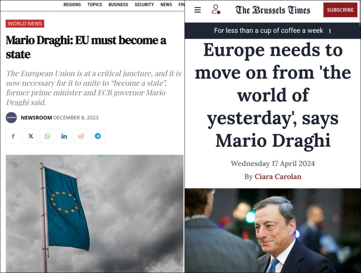 Next week, Draghi will present his 400-page plan to push the EU toward greater integration. Main pillars; defense, industry and energy. A big push toward an autonomous Europe 🇪🇺 in the true federalist sense of the term! The Commission tasked him around a year ago