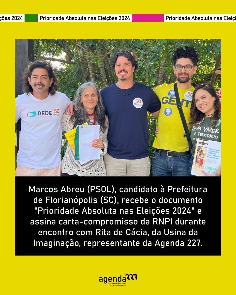 #ELEIÇÕES2024| Marcos Abreu do PSOL foi o primeiro candidato à Prefeitura de Florianópolis (SC) a receber o documento de diretrizes da Agenda 227 e assinar a carta-compromisso da Rede Nacional Primeira Infância.