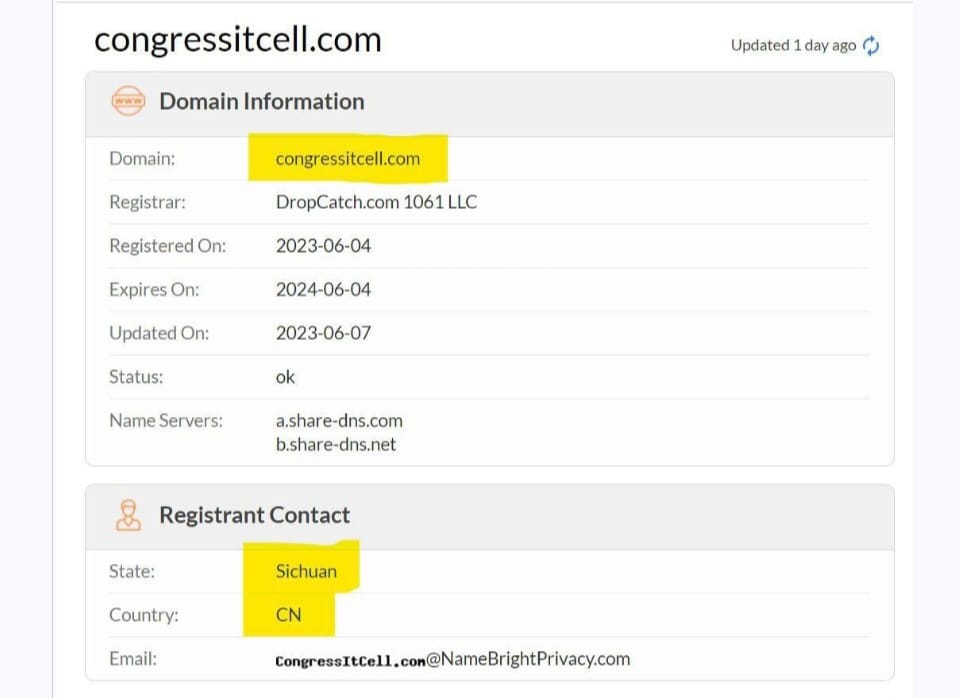 salah_shoaib's tweet photo. To all my friends on 'X'. Can you please check, why IT cell domain of 'Indian National Congress' is registered in Sichuan Province in China? Are they Chinese organization? Please ask #RaulVinci and #AntoniaMaino. https://t.co/pcpIUGJ4Sk