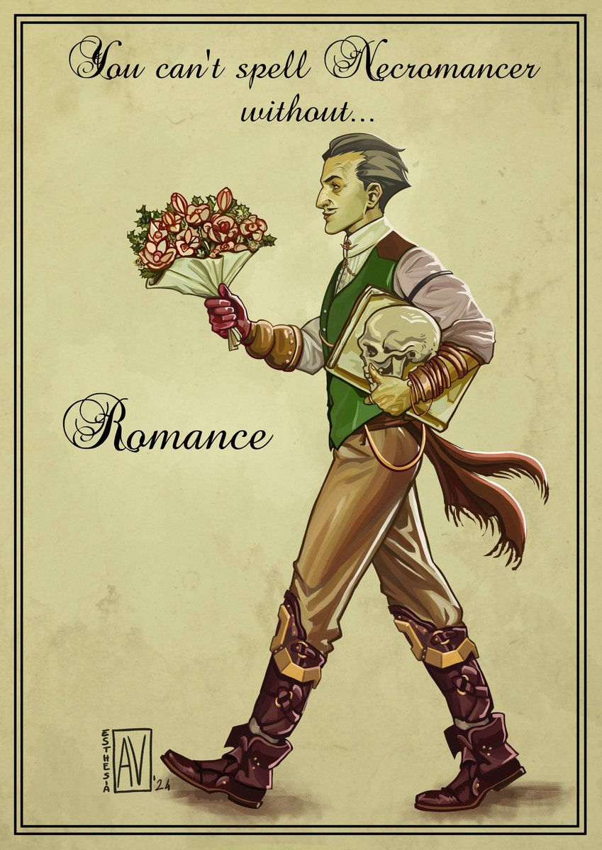 ‘You can't spell necromancer without romance’ 💚
Thanks Bioware for releasing the art of the companions 🥹I finally figured out what Emmrich's boots look like, haha! 
(Study from "The Bouquet" by J.C. Leyendecker)
#EmmrichVolkarin #DragonAge #DragonAgeTheVeilguard #FanFriDAys