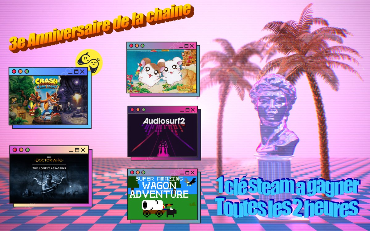 Bien le bonjour les Twittos !

Je fais ce post pour dire que je fais mon 3é anniversaire de chaine demain avec 12h de moultes activités rigolote !

Il y a aussi un clé Steam a gagné toutes les deux heures !