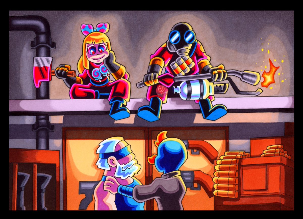 ColaCarnage's tweet image. Had some new followers recently, so it's about time for a proper intro.
I'm Cola, a traditional artist who loves working with markers. Most of my stuff is fanart (primarily for TF2), and I also cosplay from time to time (again, mostly TF2 π
)