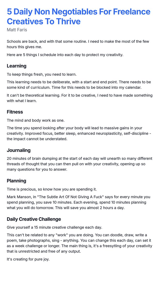 Day 15 Writing Challenge - "5 Daily Non Negotiables For Freelance Creatives To Thrive"
Medium Link - medium.com/@mattfaris/5-d…