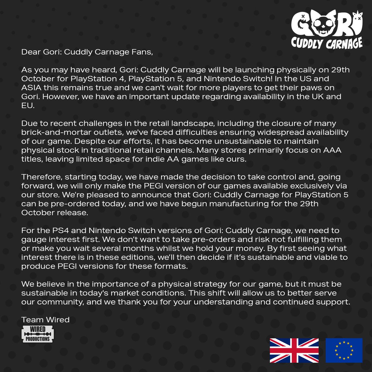 An important announcement on Gori: Cuddly Carnage.

shop.wiredproductions.com/collections/co…