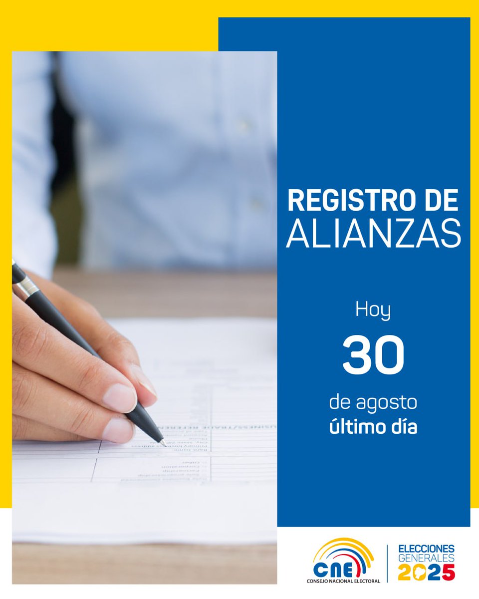 cnenapo's tweet photo. #CNEInforma 📢 | De acuerdo al #CalendarioElectoralEc 🗓️, hoy culmina el plazo para que las organizaciones políticas registren sus alianzas electorales ante el #CNE. 
#Elecciones2025Ec. 🗳️ https://t.co/V91qMWQC4Y