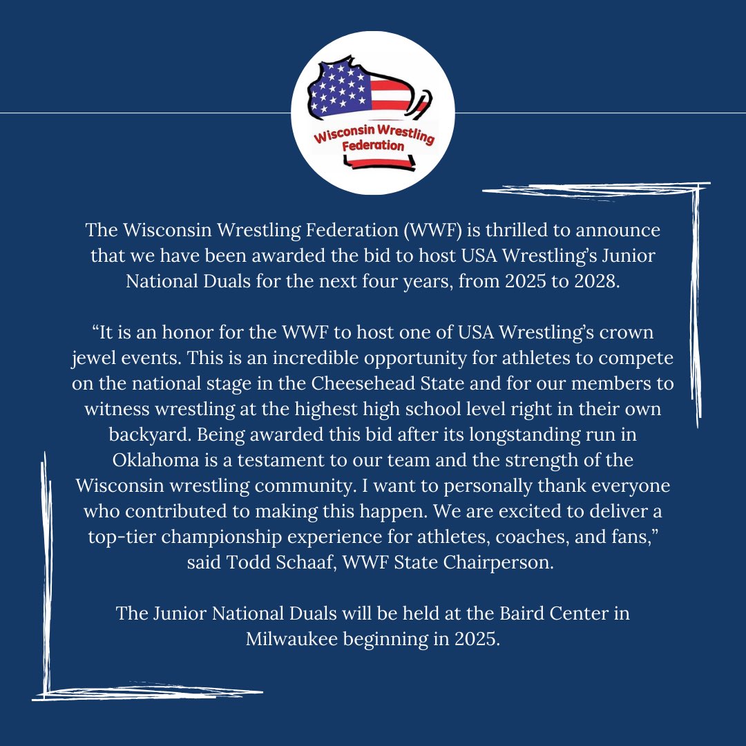 The Junior National Duals are coming to Milwaukee! The WWF is thrilled to announce that we have been awarded the bid to host USA Wrestling’s Junior National Duals for the next four years, from 2025 to 2028! Details 🔗: wiwrestlingfederation.com/news_article/s…