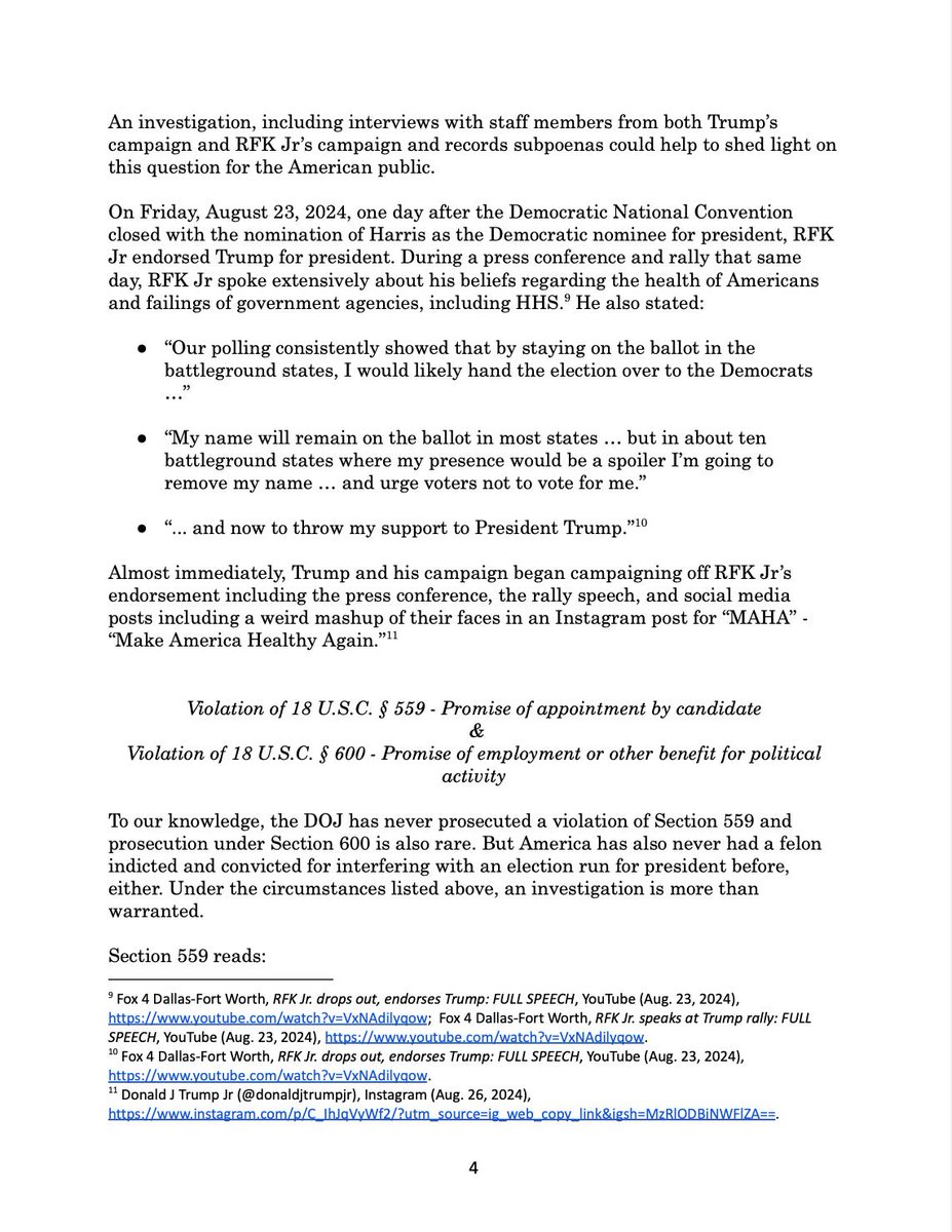 Today we formally requested that the DOJ open an investigation into Trump to determine if he violated 18 U.S.C. § 599 or 18 U.S.C. § 600 by promising to appoint, or support for appointment, RFK Jr. to a public office in exchange for his endorsement.

<a href="/MarioNicolaiEsq/">Mario Nicolais</a>