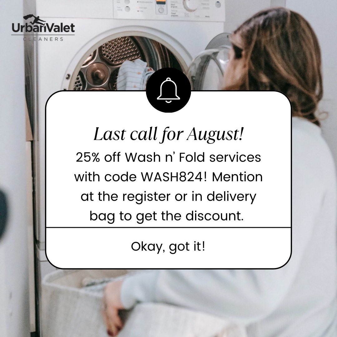 Last call for 25% off wash n’ fold services! Give yourself the gift of less laundry. Mention code WASH824 at the register or in your delivery bag to receive the discount! 

#summersale #august #washnfold #laundry