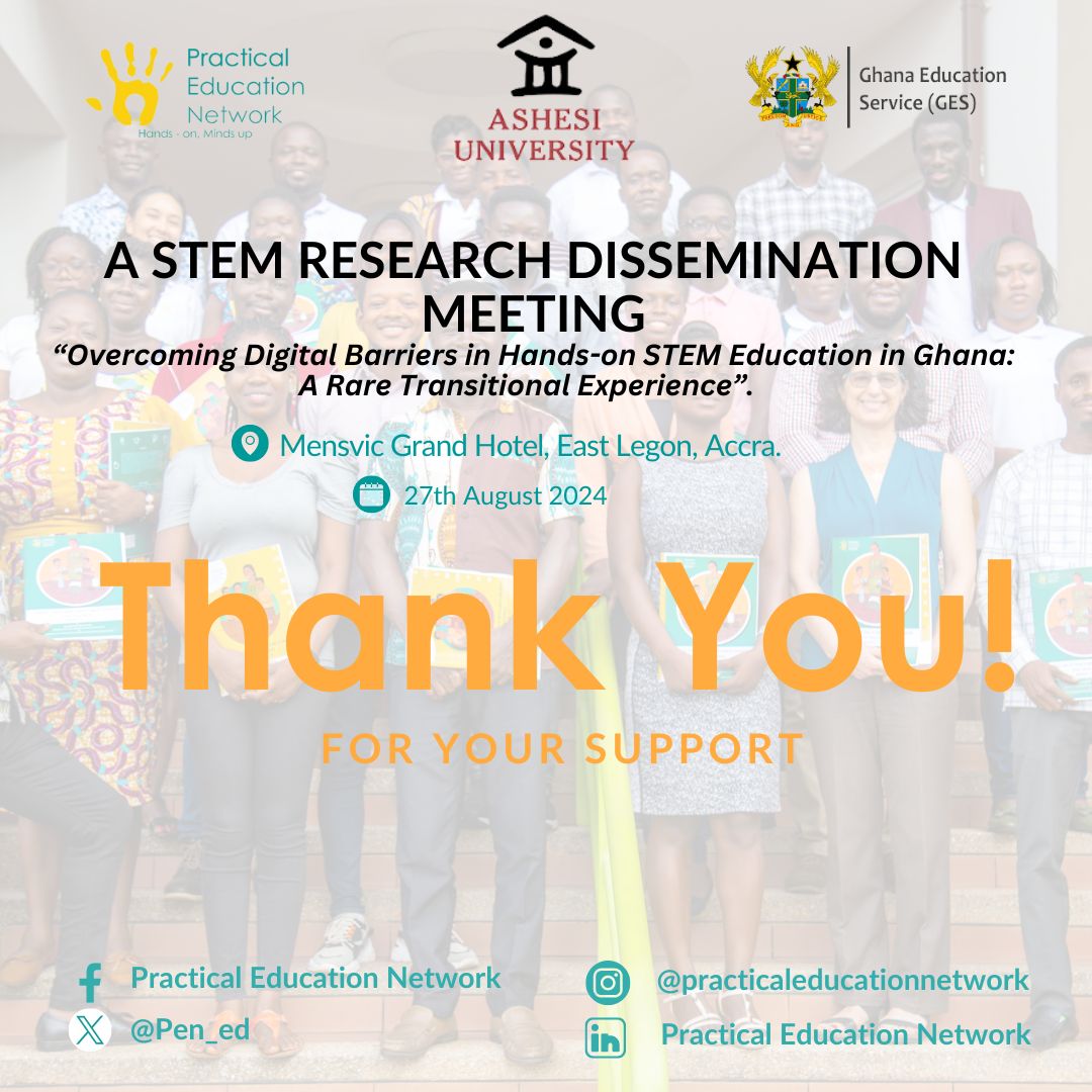 The biggest thanks go to all of you who helped make the Research Dissemination Event successful.

To our partners, keynote speaker Prof. Elsie Effah Kaufmann, panelists, media, and guests. Without you, none of this would have been possible!

#PENRDM2024 #STEM #STEMEducation
