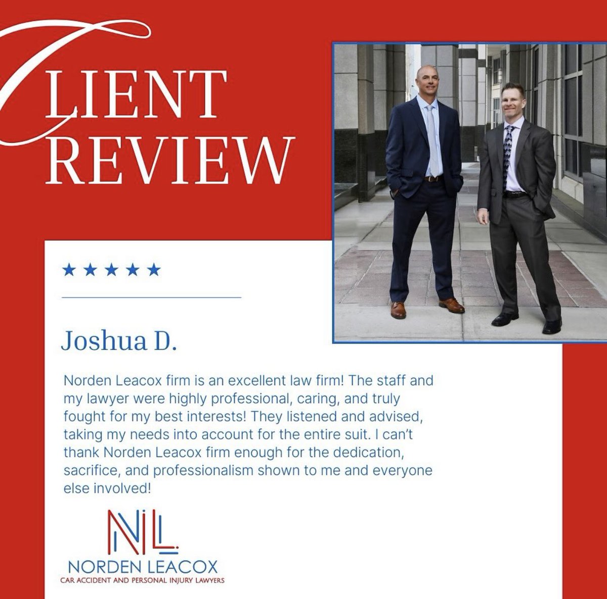 ⭐️⭐️⭐️⭐️⭐️ Thank you for the fantastic review! We’re thrilled to have provided the support and results you needed. At Norden Leacox Car Accident and Personal Injury, we strive to deliver exceptional service and fight for the compensation our clients deserve.

📲 407-801-3000