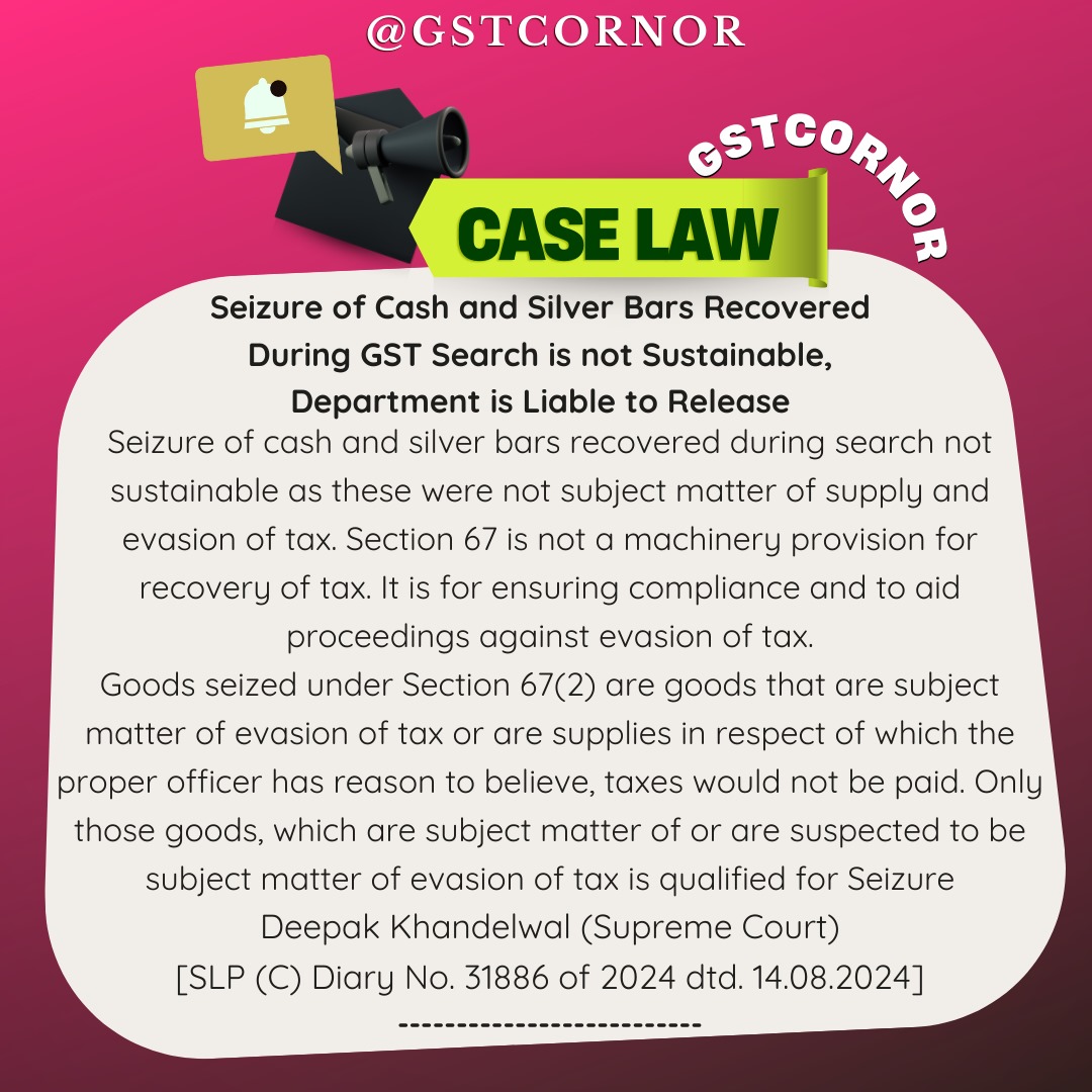 SC: Seizure of Cash and Silver Bars Recovered During GST Search is not Sustainable, Department is Liable to Release

#Join for GST Updates &amp; Litigation:*

rzp.io/l/gstcornor

#SupremeCourtOfIndia #gst #search #seizure #cash #silverbar #search #tac