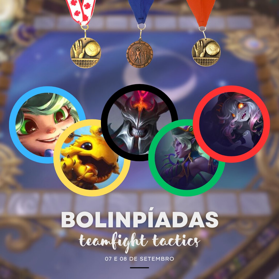 Agora sim, tenho o prazer de anunciar pra vocês a segunda edição das Bolinpíadas de Teamfight Tactics, que será realizada nos dias 07 e 08 de setembro, com premiações em dinheiro e RP! 
Faça sua inscrição por aqui > docs.google.com/forms/d/1mL0L2…