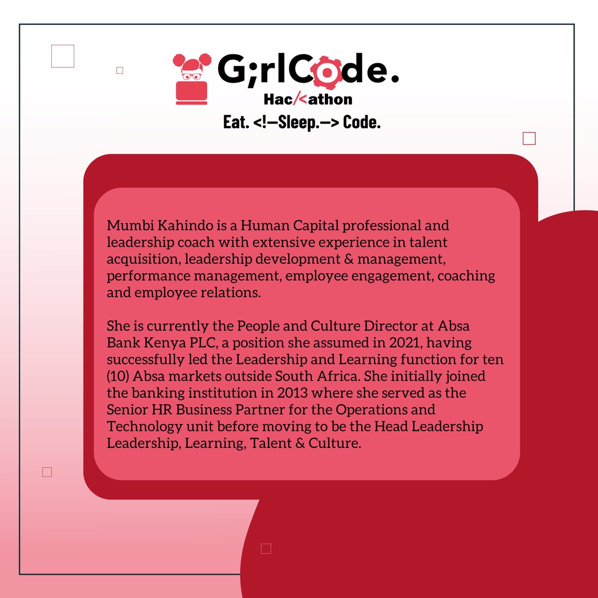 Introducing Mumbi Kahindo, People and Culture Director at Absa Bank Kenya, who will be joining us as a judge for our 10-year hackathon in Kenya. We're thrilled to have her expertise and insight guiding our participants! 

#girlcodehack