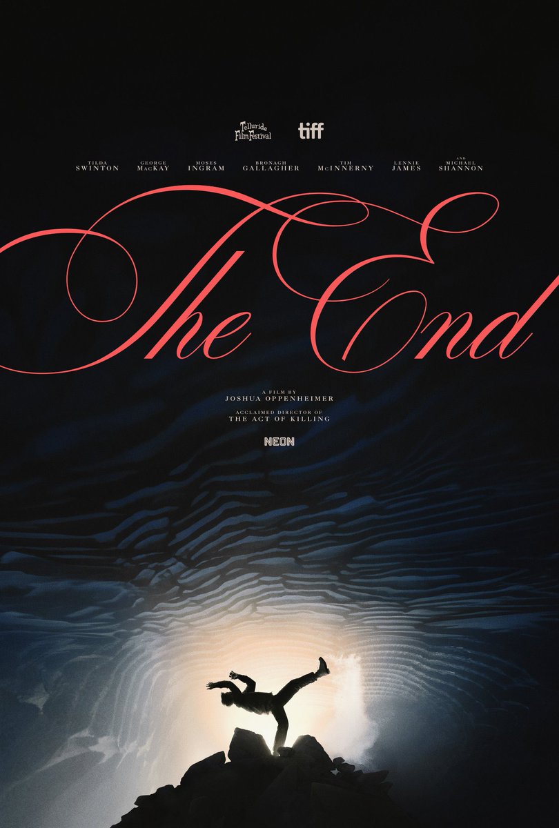 DiscussingFilm's tweet image. First poster for Joshua Oppenheimer’s ‘THE END’, starring Tilda Swinton, George MacKay, Moses Ingram &amp;amp; Michael Shannon

Described as a post-apocalyptic musical that follows a wealthy family in an underground bunker after the end of the world, which they directly contributed to.