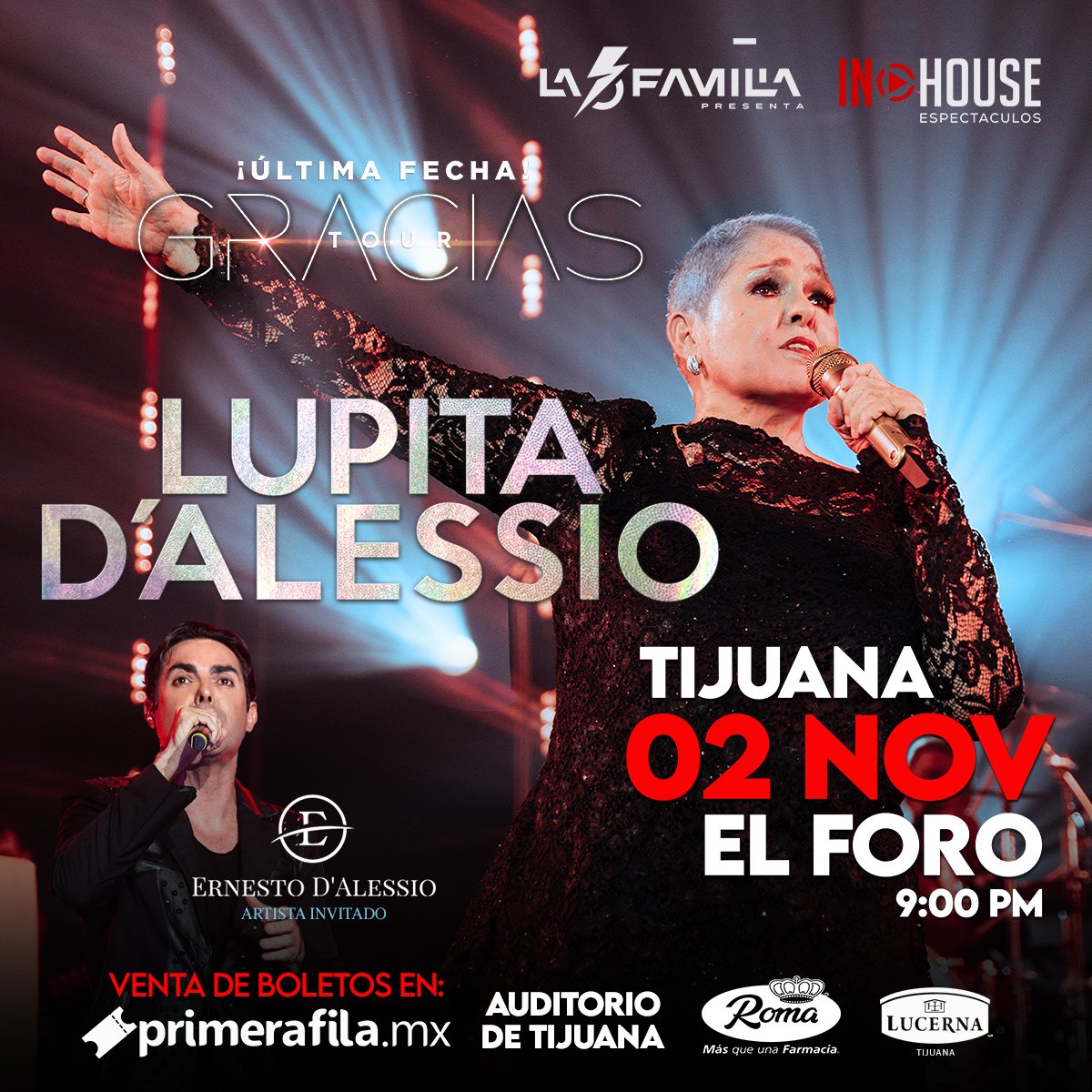 IHESPECTACULOS's tweet photo. El tiempo vuela y el despecho aumenta... ¿Ya tienes tus boletos? 🎶

Venta de boletos en:
➡ https://t.co/L8tca2Ftp0
➡ Auditorio de Tijuana 
➡ Farmacias Roma
➡ Hotel Lucerna Tijuana

#lupitadalessio #tourgracias #gira #tijuana #soyleonadormida https://t.co/oemjkqzbRf