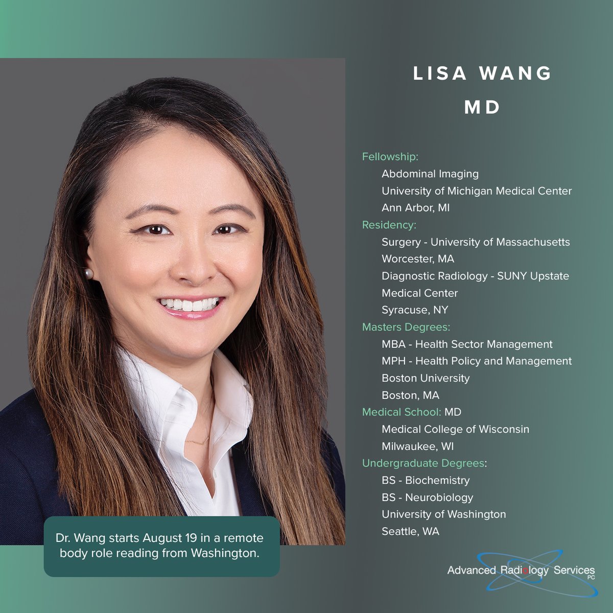 Advanced Radiology Services, PC (@advancedrad) on Twitter photo We are happy to announce that Dr. Lisa Wang has joined us at <a href="/AdvancedRad/">Advanced Radiology Services, PC</a> as a new provider! Welcome aboard, Dr. Wang!
#radiology #healthcare #radiologist We are happy to announce that Dr. Lisa Wang has joined us at <a href="/AdvancedRad/">Advanced Radiology Services, PC</a> as a new provider! Welcome aboard, Dr. Wang!
#radiology #healthcare #radiologist