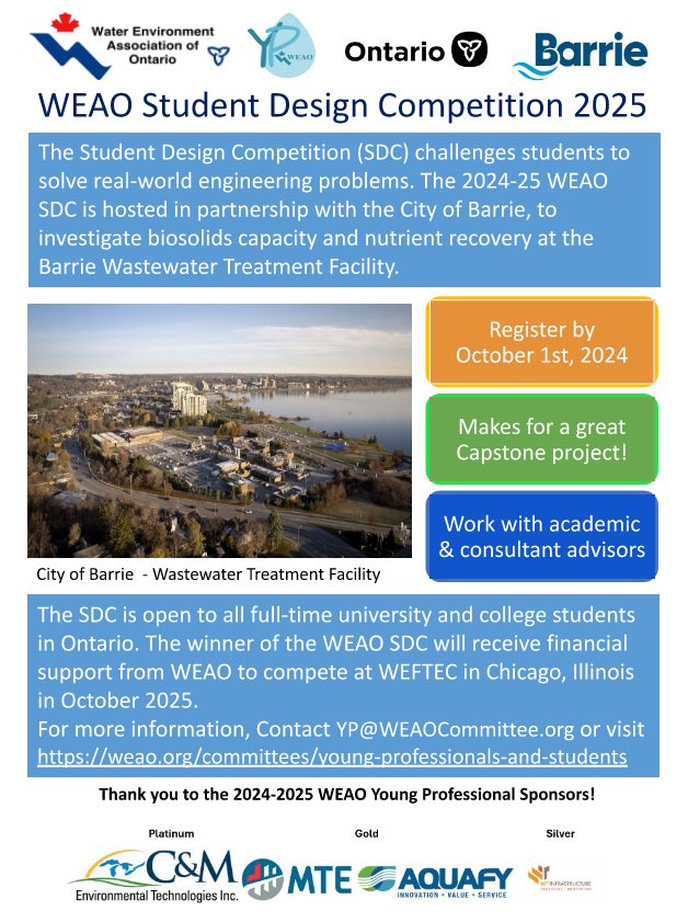 Attention Ontario post-secondary students! Enter the WEAO Student Design Competition to tackle real-world #wastewater projects. This year’s topic is Biosolids Treatment Efficiency and Nutrient Recovery at the Barrie Wastewater Treatment Facility. 
Link: s3.amazonaws.com/xcdshared/weao…