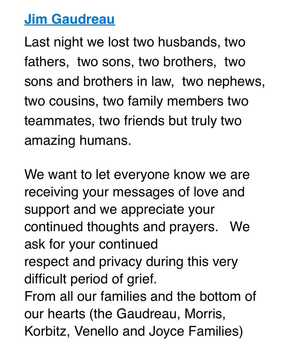 RochieWBZ's tweet image. Family statement on the tragic passing of Matthew and Johnny Gaudreau