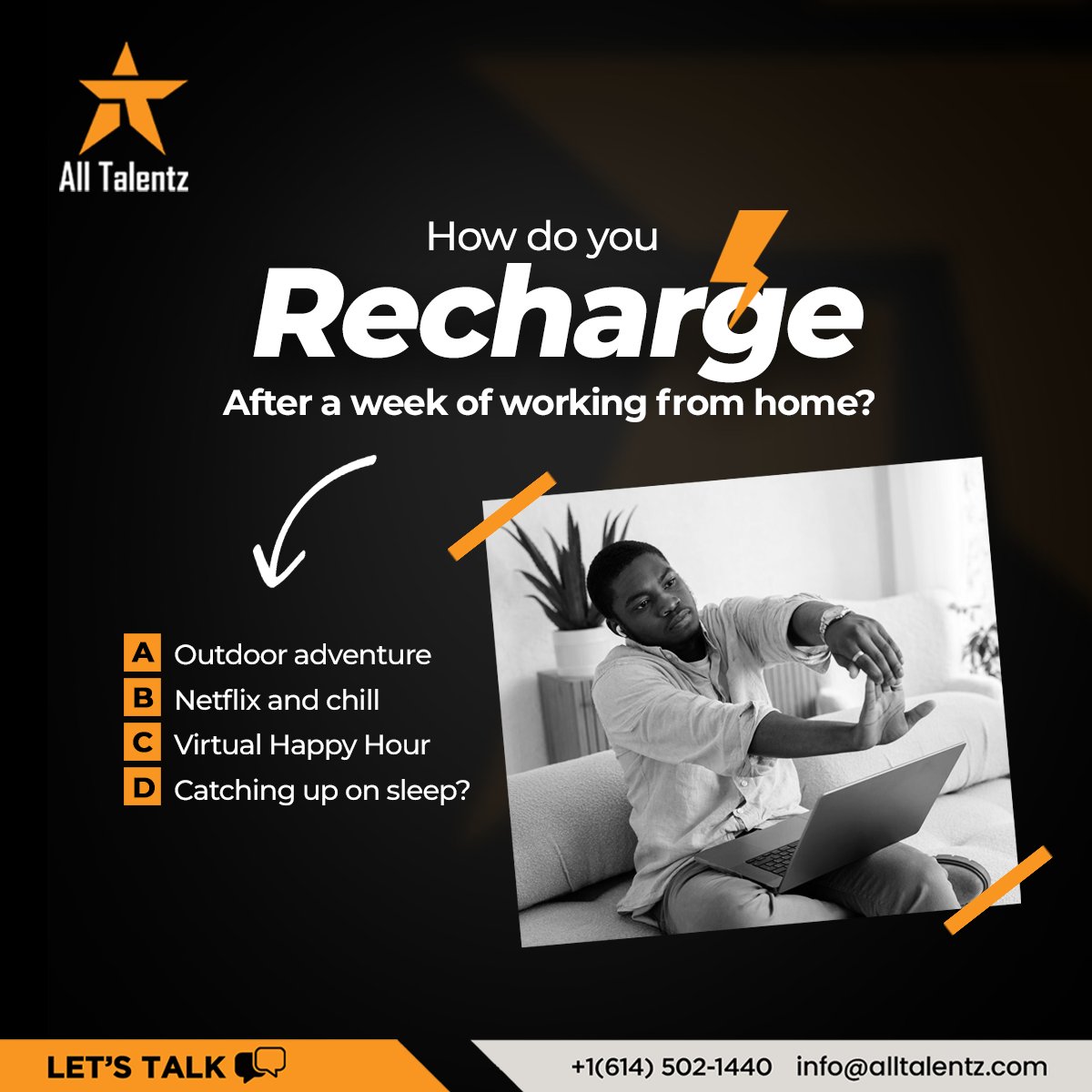 AllTalentz's tweet photo. Remote workers, how do you unwind after a week of working from home? Drop your answer in the comments.
#workfromhome #remotejobs #remotework #remoterecruitment
#staffingandrecruiting #bestofstaffing #bestofrecruitingservice #staffing #staffpro #jobsusa #remotework https://t.co/KpsExRvTB0