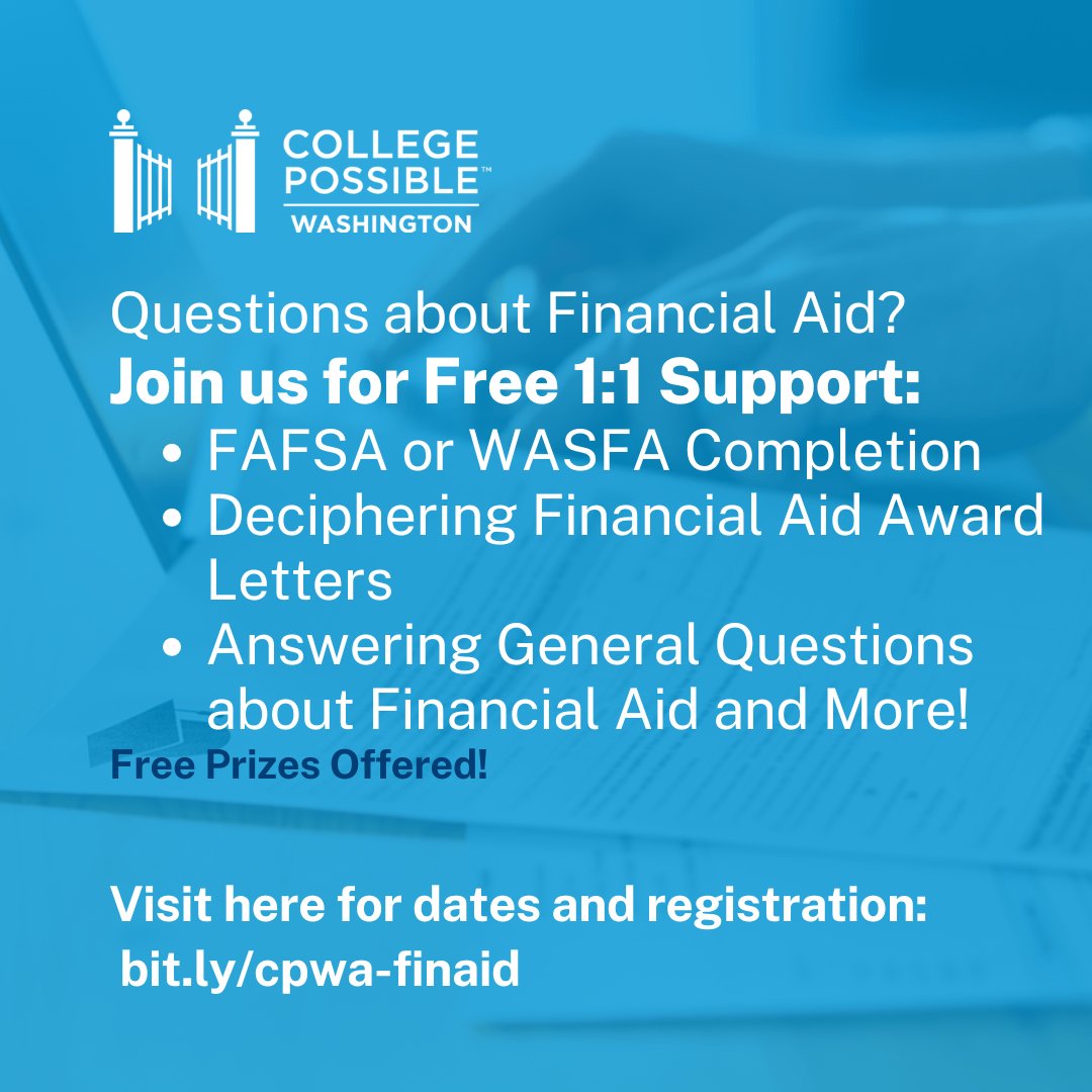 CollPossibleWA's tweet photo. We're not done yet! If you still need help with your FAFSA or WAFSA-we're here to help! Sign up for a virtual one on one session with a coach to get individualized support. Open to all students enrolling/re-enrolling in college this 2024-2025 school year. https://t.co/bZO1ifSzI4 https://t.co/fM7Ngpg0IB