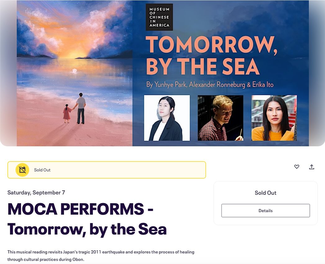 The musical "Tomorrow, by the Sea" will have a staged reading on Sep 7th, 2024 at the Museum of Chinese in America in New York. I had the pleasure of co-composing the music with Alexander Ronneburg for the book by Yunhye Park. We're excited to present it with our brilliant cast!