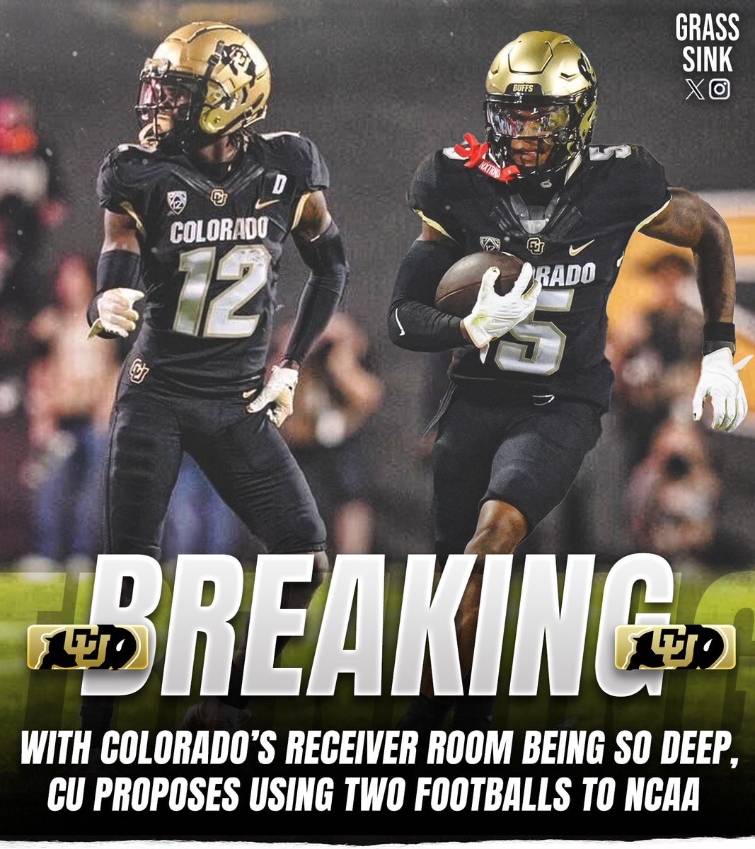 TheGrassSink's tweet photo. BREAKING: After last nights performance and the obvious depth at wide receiver, Colorado has proposed to the NCAA a rule change that would allow there to be two footballs on the field during a play.

This would help to get more of the stars involved each play. https://t.co/qZxnAAjJ5u