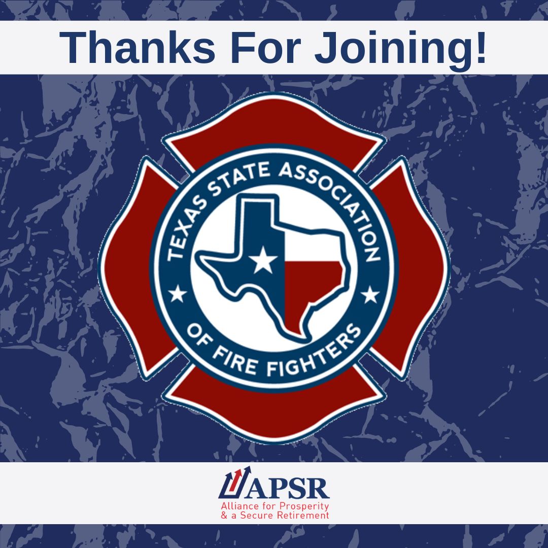 APSRetirement's tweet photo. Thanks for joining @APSRetirement. We're glad to have the @TXFirefighters! #apsr #pensionswithoutspolitics #retiresecurley https://t.co/LxEmTbQHOP https://t.co/yBbDDkOuvh