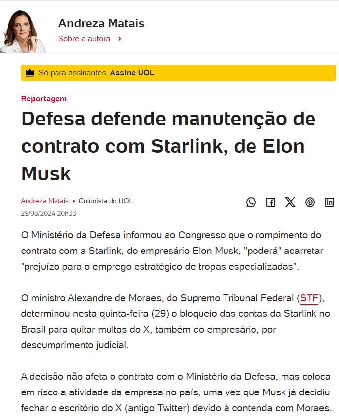 deccache's tweet photo. Se Elon Musk desligar a starlink, o exército fica sem Internet pro pessoal ver Netflix. Daí, defendem colocar as Forças Armadas do Brasil de joelhos diante de um bilionário dos EUA. Já vi muita babção e subordinação, mas isso aí foi novidade... https://t.co/l9qOAlhMv9