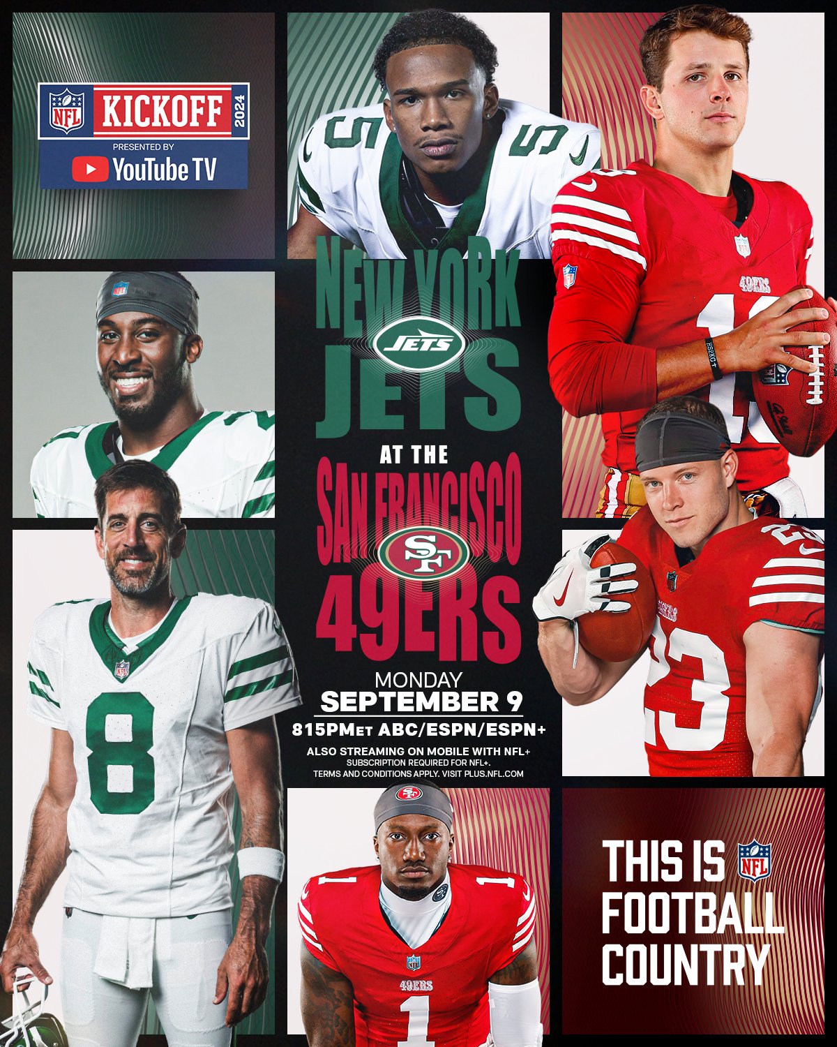 NFL on X The first Monday Night Football of 2024 kicks off with 49ers vs. NYJets NYJvsSF Monday 9 9 8 15pm ET on ESPN ABC Stream on NFLPlus and ESPN