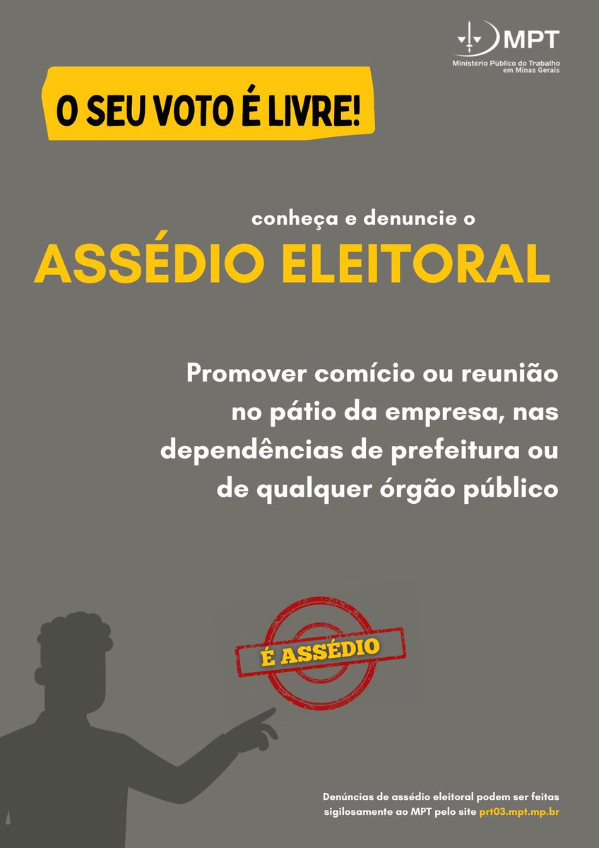 MPT-MG (@mptmg) on Twitter photo Você sabe o que é assédio eleitoral no ambiente de trabalho?
Até as eleições, essa prática tende a se intensificar, conheça algumas delas: encurtador.com.br/sTVgw
<a href="/sindibel/">Sindibel</a> <a href="/sinduteoficial/">Sind-UTE/MG</a> Você pode apoiar essa campanha. Baixe as peças aqui: drive.google.com/drive/folders/… Você sabe o que é assédio eleitoral no ambiente de trabalho?
Até as eleições, essa prática tende a se intensificar, conheça algumas delas: encurtador.com.br/sTVgw
<a href="/sindibel/">Sindibel</a> <a href="/sinduteoficial/">Sind-UTE/MG</a> Você pode apoiar essa campanha. Baixe as peças aqui: drive.google.com/drive/folders/…