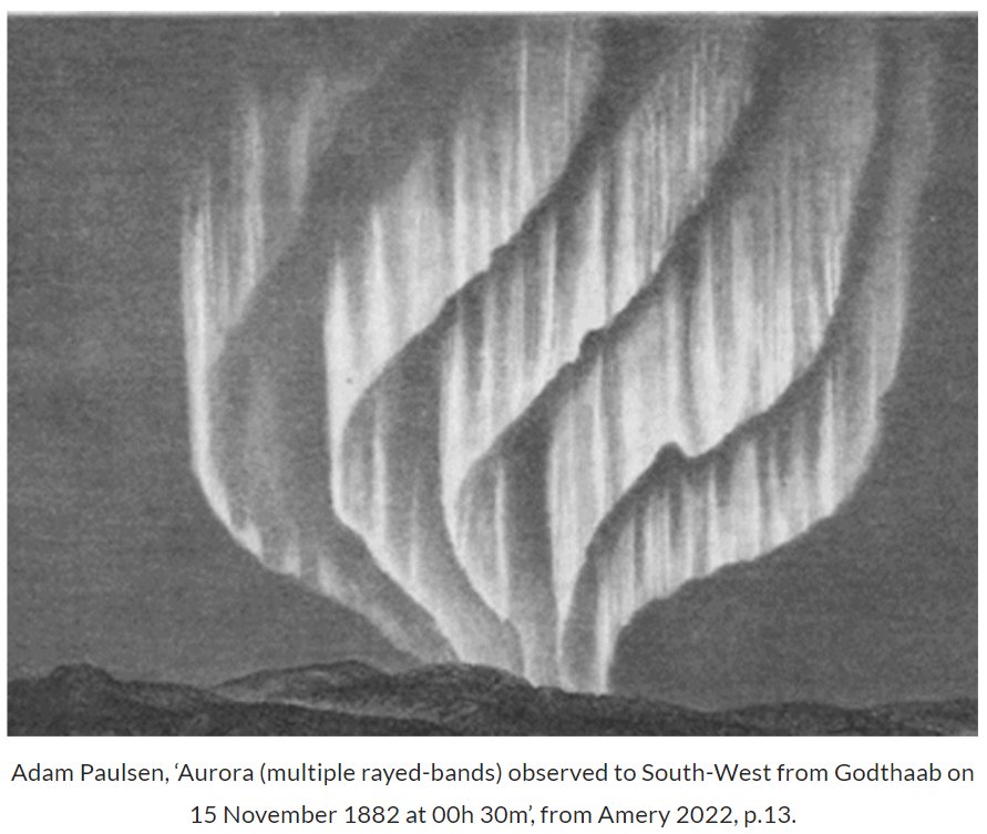 Black and white image shows five bands of aurora stretching upward from the mountainous horizon at the bottom center. Caption reads: Adam Paulsen, ‘Aurora (multiple rayed-bands) observed to South-West from Godthaab on 15 November 1882 at 00h 30m’, from Amery 2022, p.13.