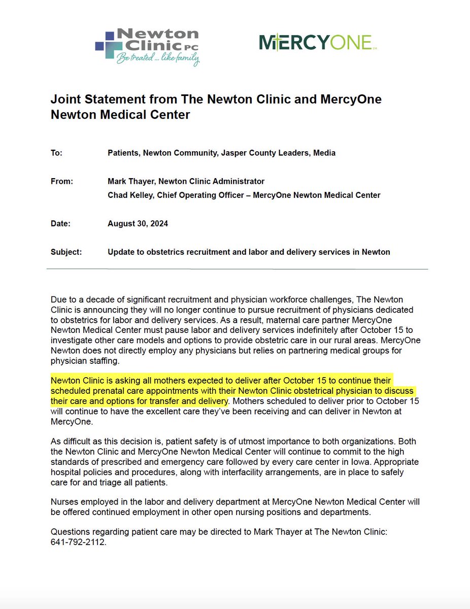 ChrisBrunswick's tweet image. RURAL HOSPITAL NEWS: Newton Clinic and MercyOne Newton Medical Center is pausing all OB services (labor and delivery) indefinitely starting Oct. 15, and they will be investigating other care models and options to provide these types of services to rural areas. 

Statement here: