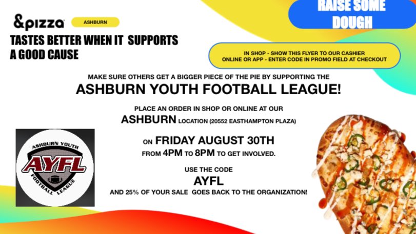Need dinner plans tonight? Support AYFL at <a href="/andpizza/">&pizza</a> tonight between 4-8pm! Mention AYFL to the cashier or use “AYFL” at checkout when ordering online, and AYFL will get 25% of proceeds!

We hope to see you there!