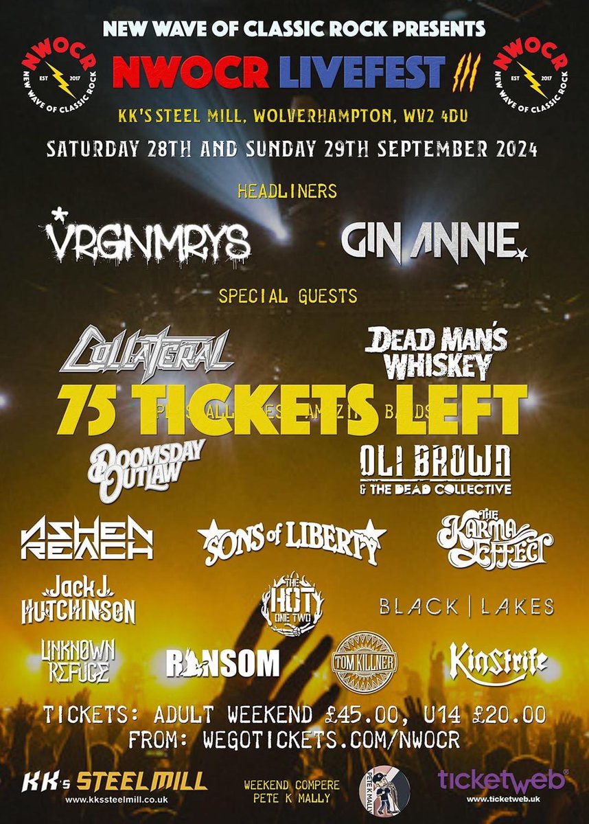 Sons of Liberty (@sonslibertyuk) on Twitter photo Just 75 tickets left for NWOCR Livefest III <a href="/kks_steelmill/">KK's Steelmill</a> folks… this will sell out!
Tickets: wegottickets.com/f/13255
<a href="/NWOCRofficial/">Jezzas New Wave Of Classic Rock</a> Just 75 tickets left for NWOCR Livefest III <a href="/kks_steelmill/">KK's Steelmill</a> folks… this will sell out!
Tickets: wegottickets.com/f/13255
<a href="/NWOCRofficial/">Jezzas New Wave Of Classic Rock</a>
