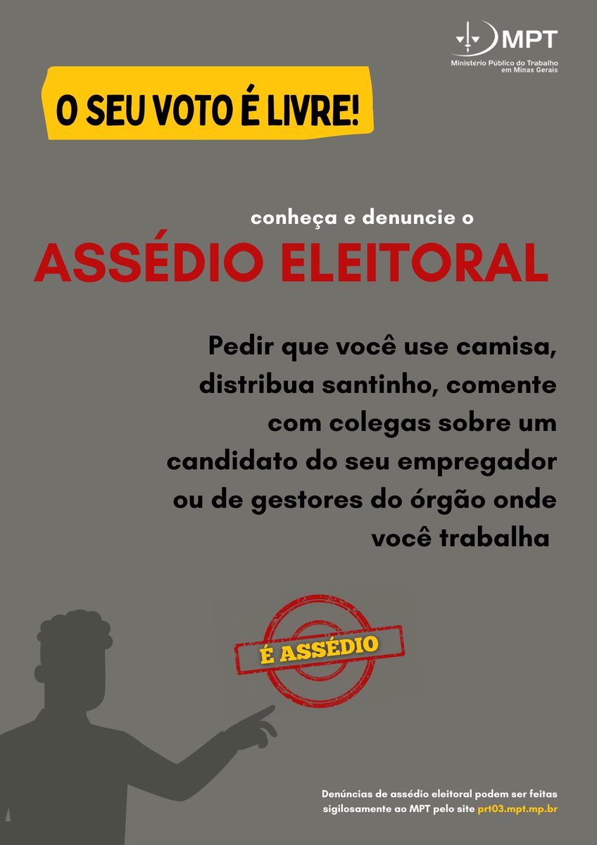MPT-MG (@mptmg) on Twitter photo Você sabe o que é assédio eleitoral no ambiente de trabalho?
Até as eleições, essa prática tende a se intensificar, conheça algumas delas: encurtador.com.br/sTVgw
<a href="/sindibel/">Sindibel</a> <a href="/sinduteoficial/">Sind-UTE/MG</a> Você pode apoiar essa campanha. Baixe as peças aqui: drive.google.com/drive/folders/… Você sabe o que é assédio eleitoral no ambiente de trabalho?
Até as eleições, essa prática tende a se intensificar, conheça algumas delas: encurtador.com.br/sTVgw
<a href="/sindibel/">Sindibel</a> <a href="/sinduteoficial/">Sind-UTE/MG</a> Você pode apoiar essa campanha. Baixe as peças aqui: drive.google.com/drive/folders/…