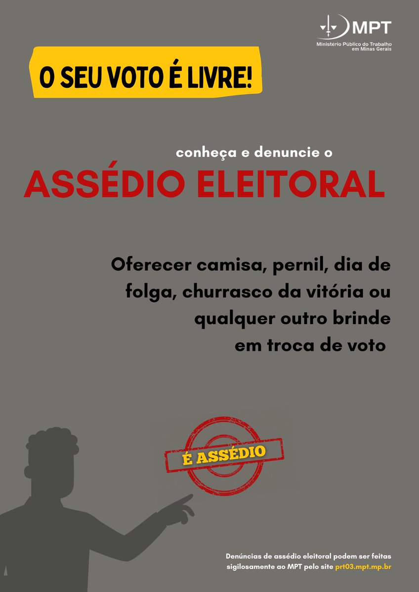 MPT-MG (@mptmg) on Twitter photo Você sabe o que é assédio eleitoral no ambiente de trabalho?
Até as eleições, essa prática tende a se intensificar, conheça algumas delas: encurtador.com.br/sTVgw
<a href="/sindibel/">Sindibel</a> <a href="/sinduteoficial/">Sind-UTE/MG</a> Você pode apoiar essa campanha. Baixe as peças aqui: drive.google.com/drive/folders/… Você sabe o que é assédio eleitoral no ambiente de trabalho?
Até as eleições, essa prática tende a se intensificar, conheça algumas delas: encurtador.com.br/sTVgw
<a href="/sindibel/">Sindibel</a> <a href="/sinduteoficial/">Sind-UTE/MG</a> Você pode apoiar essa campanha. Baixe as peças aqui: drive.google.com/drive/folders/…