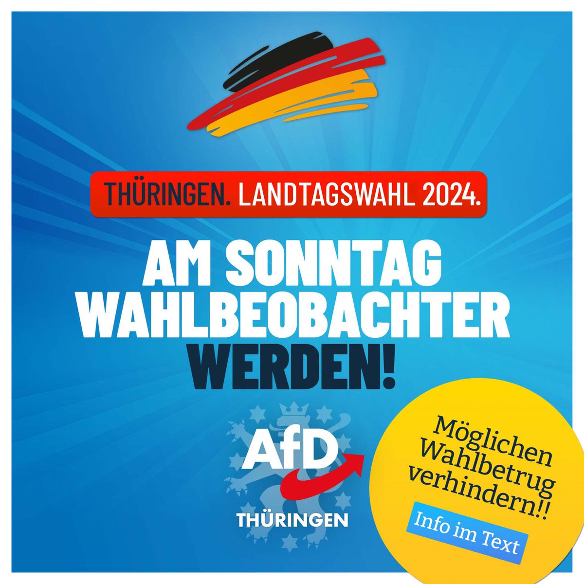 +++ Werden Sie Wahlbeobachter +++

Die immer wieder in die Öffentlichkeit geratenen Fälle von #Wahlbetrug gingen fast ausschließlich zulasten der AfD. Deshalb ist es bei der anstehenden Wahl besonders wichtig, dass sich Viele als Wahlbeobachter melden, um flächendeckende