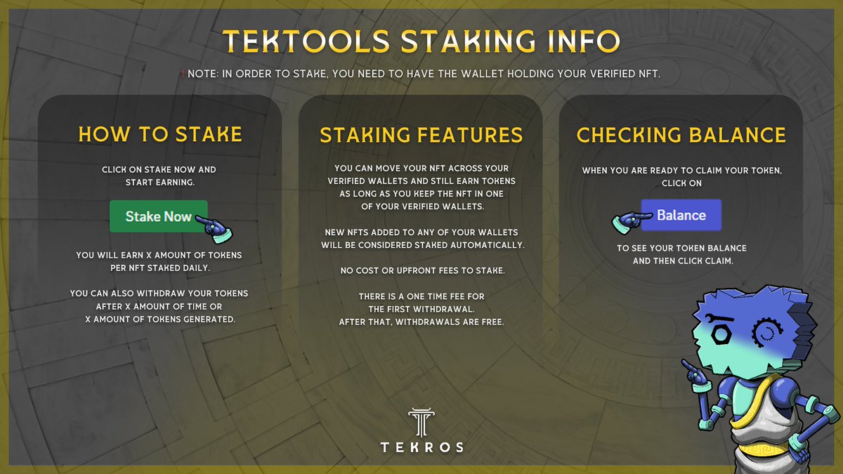 There are currently over 30,000 users using our staking tool! 🔥

Only one of many tools which will generate rev share for Tekros NFT holders (private sales starting). 👀

Projects can give their holders the option to stake NFTs within Discord servers and earn their native tokens