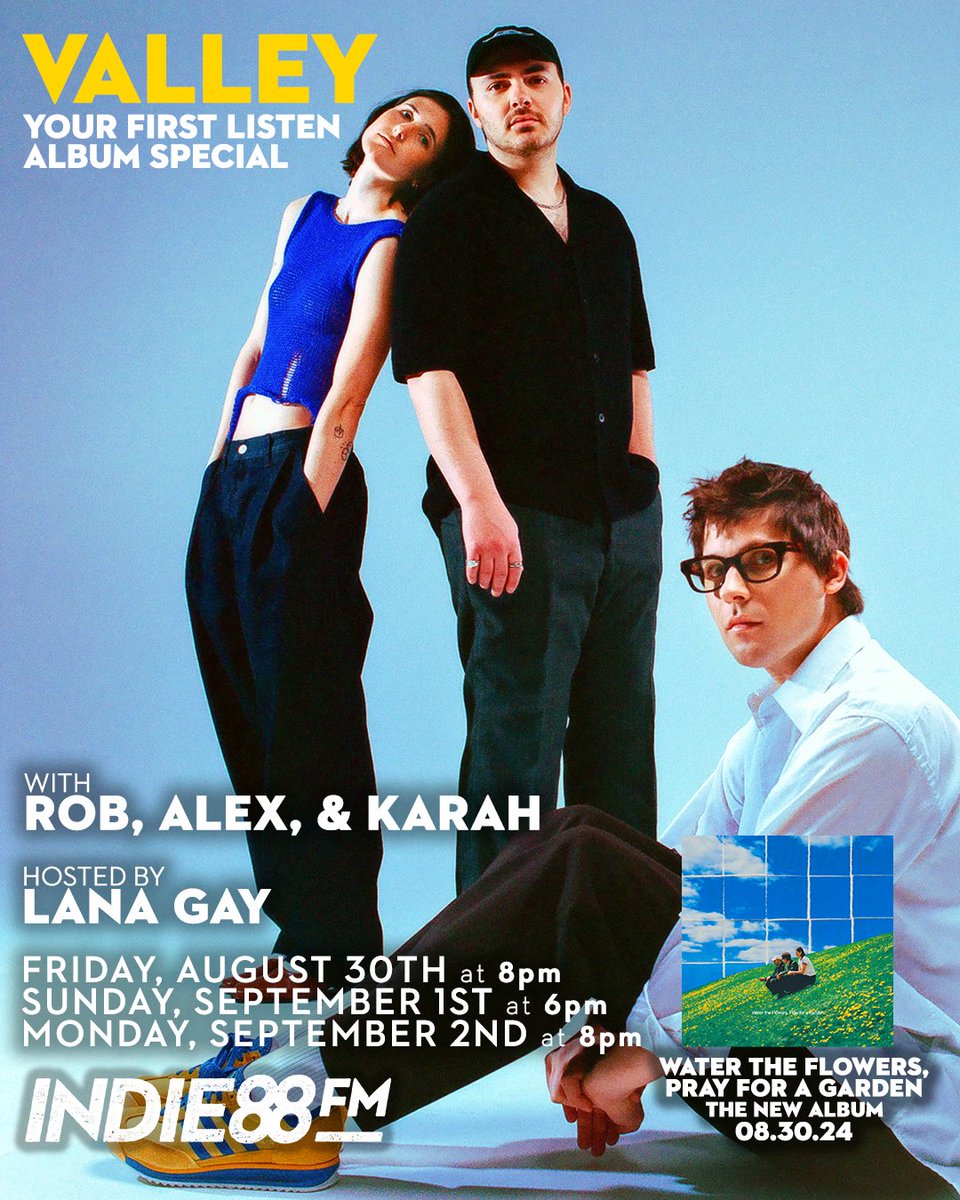 Indie88’s Your First Listen Album Special with <a href="/ThisIsValley/">Valley</a> for their new album "Water the Flowers, Pray for a Garden"  out TODAY. Tune in as <a href="/LanaGay/">Lana Gay</a> chats with Rob, Alex &amp; Karah about the new album as we play track by track. Details: bit.ly/3Mnx3eU