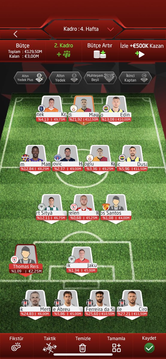 🤩4.Hafta Favori Kadro Önerisi
💰Bütçe:126.5M
©️Kaptan:İcardi
🪄Joker: Yok

😉Şuraya en sürpriz isimleri alalım.

#sosyallig #süperlig