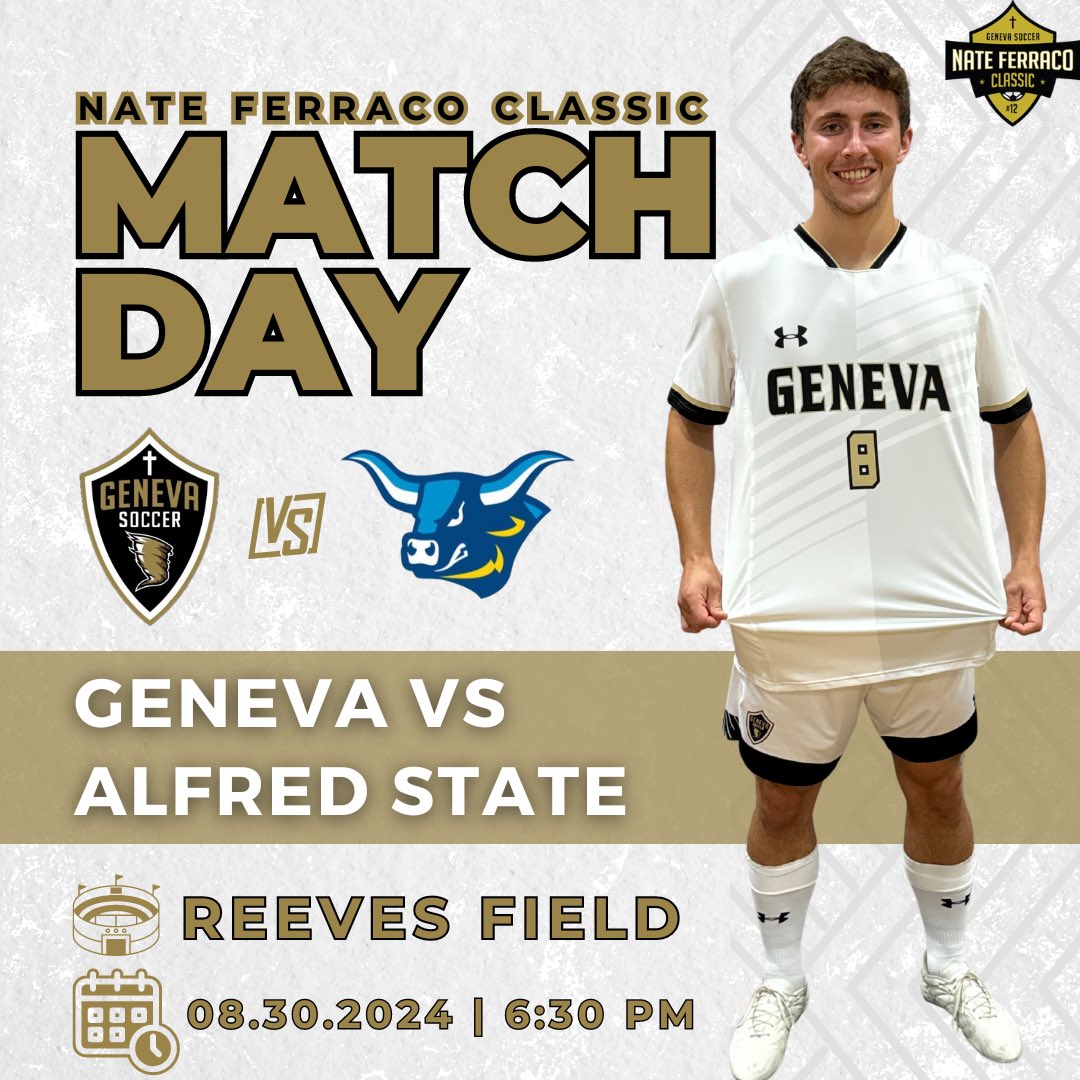 GenevaSoccerMen's tweet photo. We are looking forward to this one!
We welcome Alfred State to Beaver Falls to kick off the Nate Ferraco Classic in our season opener!
🏟️ Reeves Field
🕛 6:30 PM
Come and join us as we take to the field to #PlayForNate
#NF12 #LTBHTK https://t.co/akCO1et04J