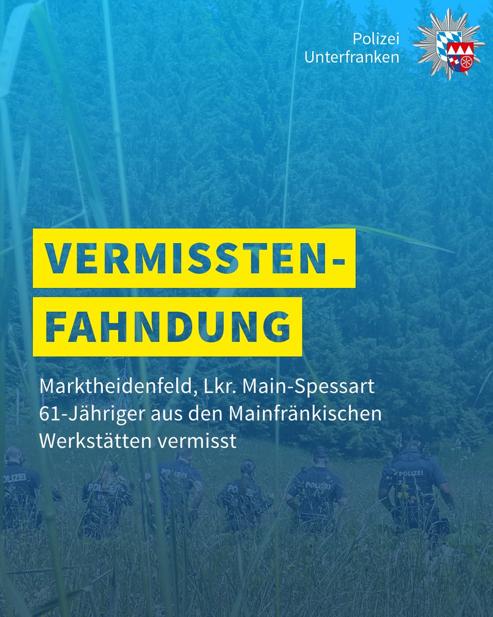 Seit Freitagmittag wird ein 61-jähriger Mann aus den Mainfränkischen Werkstätten vermisst, der sich möglicherweise in einer hilflosen Lage befindet.

Weitere Infos, ein Foto und die Beschreibung des Mannes findet ihr hier:
polizei.bayern.de/aktuelles/pres…